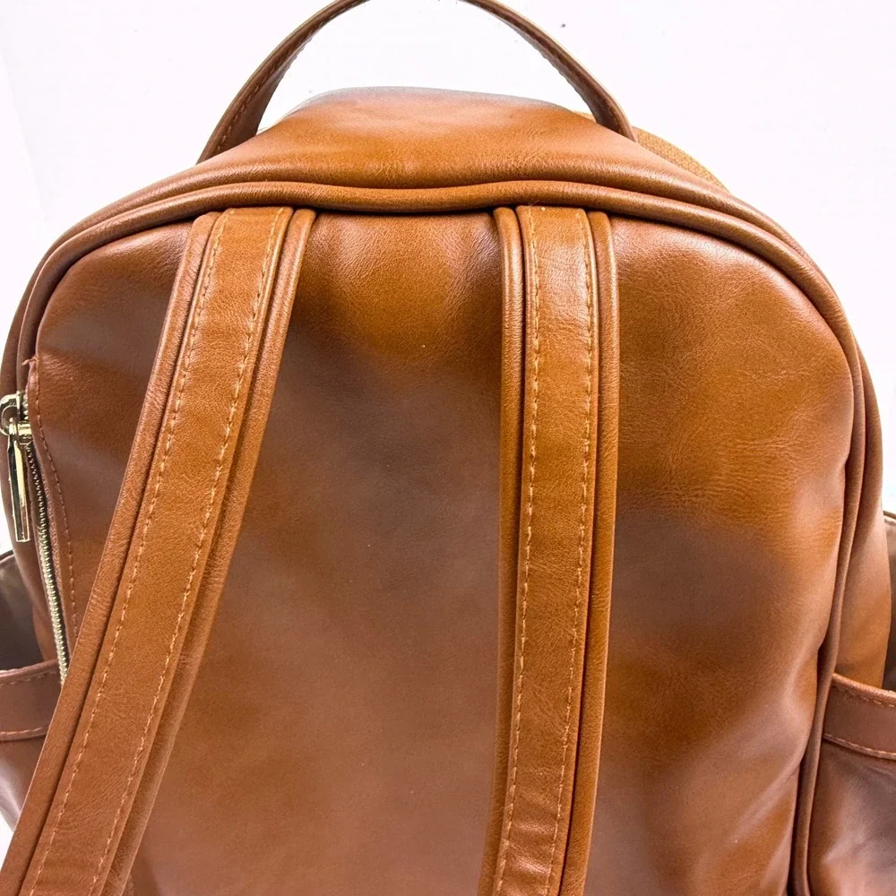 Itzy Ritzy Boss Backpack Diaper Bag Cognac Brown Vegan Leather Gold Hardware